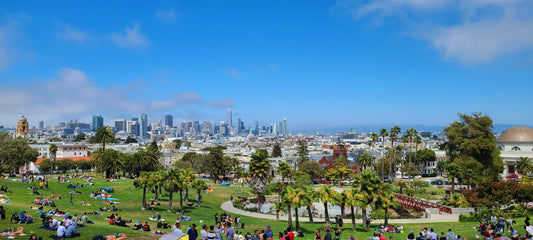 Picture of San Francisco Mission Dolores Park with people hanging out in the greenery.