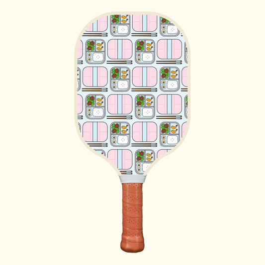 Full image shot of Bento box design Court Pickleball paddle front with brown faux leather grip.