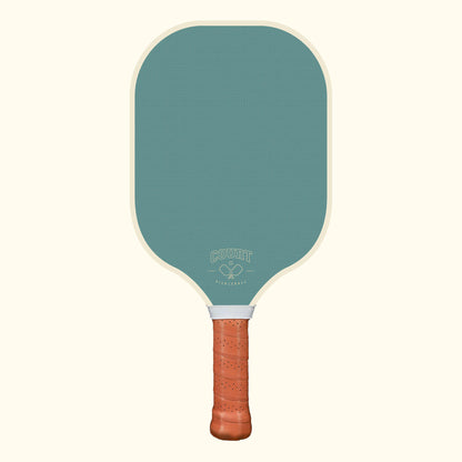 back of jade mountain carbon fiber pickleball paddle with brown leather grip